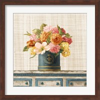 Tulips in Teal and Gold Hatbox on Linen Fine Art Print