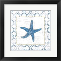 Navy Starfish on Newsprint with Gold Framed Print