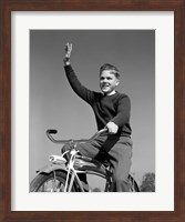 1940s 1950s Smiling Boy Riding Bike Waving Fine Art Print