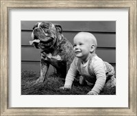 1950s 1960s Baby Seated Next To Bulldog In Grass Fine Art Print