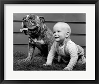 1950s 1960s Baby Seated Next To Bulldog In Grass Fine Art Print