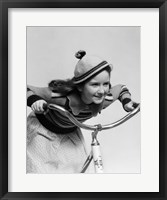 1930s Smiling Eager Little Girl In Knit Cap And Sweater Riding Bike Fine Art Print