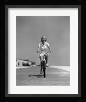 1940s Summer Time Smiling Woman Riding Bike On Beach Boardwalk Fine Art Print