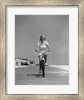 1940s Summer Time Smiling Woman Riding Bike On Beach Boardwalk Fine Art Print