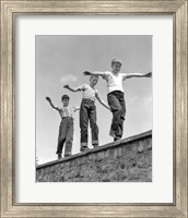 1950s Three Laughing Boys Walking On Top Of Stone Wall Fine Art Print