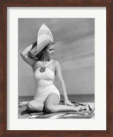1930s 1940s Woman In Bathing Suit On Beach Wearing Big Hat Fine Art Print