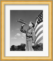 1950s Boy Scout In Uniform Standing In Front American Flag Fine Art Print