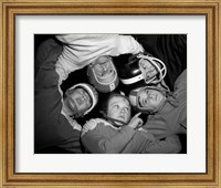1960s Five Boys In Huddle Wearing Helmets & Football Jerseys Fine Art Print