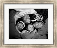 1960s Five Boys In Huddle Wearing Helmets & Football Jerseys Fine Art Print