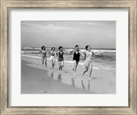 1930s Four Women And One Man Running On Beach Fine Art Print