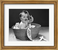 1940s Baby In Wicker Basket With Happy New Year Banner Fine Art Print