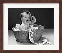 1940s Baby In Wicker Basket With Happy New Year Banner Fine Art Print