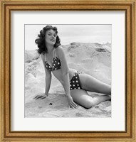 1950s 1960s Brunette Bathing  Stretched Out On Sand? Fine Art Print