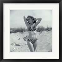1950s Brunette Beauty In Polka Dot Bikini Standing In Sand Fine Art Print