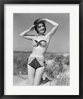 1950s Young Woman Kneeling In Grassy Sand Fine Art Print