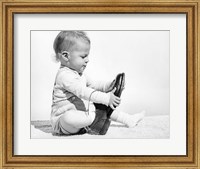 1960s Baby Boy Trying To Put On Man'S Shoe Fine Art Print