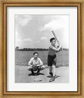 1930s Two Boys Batter And Catcher Playing Baseball Fine Art Print