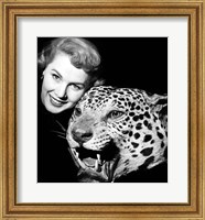 1950s Woman Face Posed With Growling Stuffed Leopard Head Fine Art Print
