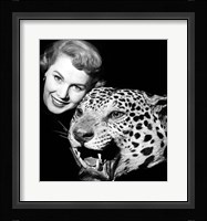 1950s Woman Face Posed With Growling Stuffed Leopard Head Fine Art Print