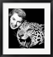 1950s Woman Face Posed With Growling Stuffed Leopard Head Fine Art Print