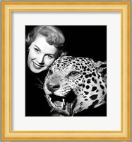 1950s Woman Face Posed With Growling Stuffed Leopard Head Fine Art Print