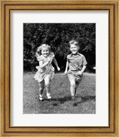 1930s 1940s Boy And Girl Running In Backyard Fine Art Print