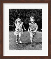 1930s 1940s Boy And Girl Running In Backyard Fine Art Print