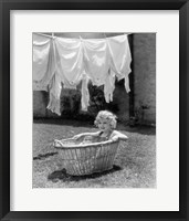 1930s 1940s Girl Outdoors Sitting In Laundry Basket Fine Art Print