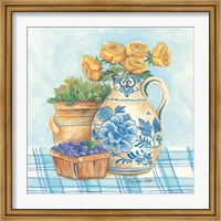 Blue and White Pottery with Flowers II Fine Art Print