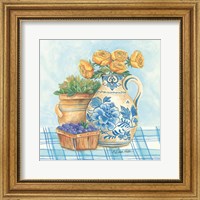 Blue and White Pottery with Flowers II Fine Art Print