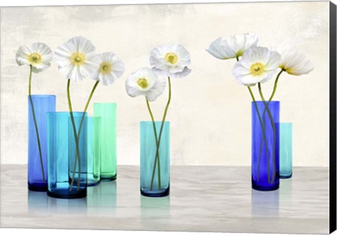 Framed Poppies in crystal vases (Aqua palette) Print