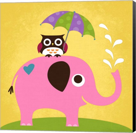 Framed Elephant and Owl with Umbrella Print
