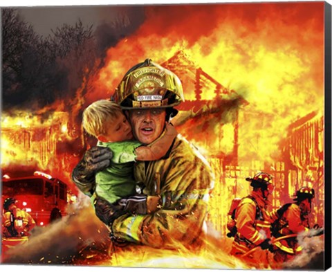 Framed Fireman saving a Boy from a Burning Building Print