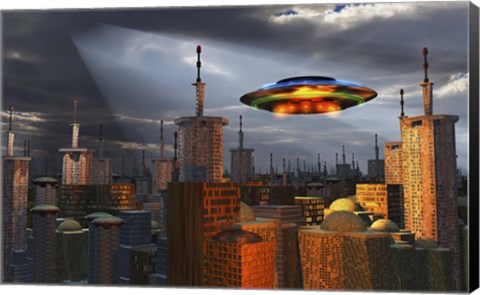 Framed Alien Flying Saucer Flying Over a Futuristic City Print