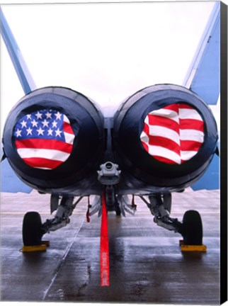 Framed FA-18 Hornet engines covered with American flag, USA Print