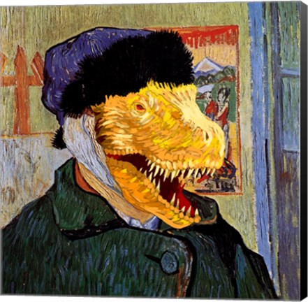 Framed T Rex Van Gogh with Bandaged Battle Damaged Ear Print
