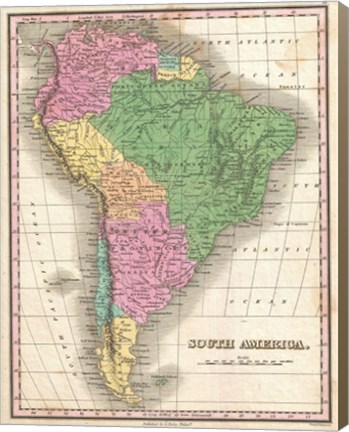 Framed 1827 Finley Map of South America Print