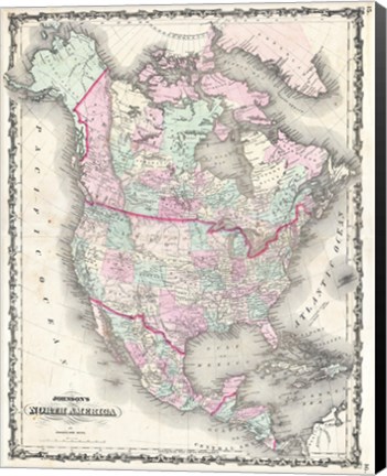 Framed 1862 Johnson Map of North America Print