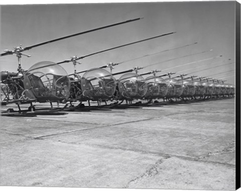 Framed Helicopters in a row, Bell H-13D, Korean War Print