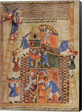 Framed Illustration to the Old English Illustrated Hexateuch showing the construction of the Tower of Babel. Print