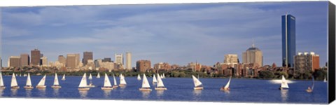 Framed View of boats on a river by a city, Charles River,  Boston Print