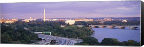 Framed High angle view of monuments, Potomac River, Lincoln Memorial, Washington Monument, Capitol Building, Washington DC, USA Print