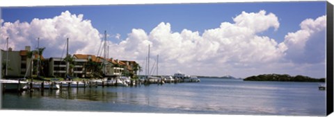 Framed Boats docked in a bay, Cabbage Key, Sunshine Skyway Bridge in Distance, Tampa Bay, Florida, USA Print