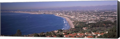 Framed Aerial view of a city at coast, Santa Monica Beach, Beverly Hills, Los Angeles County, California, USA Print