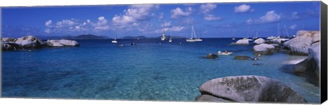 Framed Rocks at the coast with boats in the background, The Baths, Virgin Gorda, British Virgin Islands Print