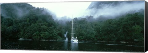 Framed Yacht in the ocean, Fiordland National Park, South Island, New Zealand Print