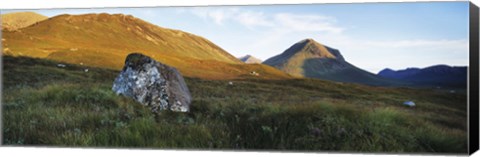 Framed Lichen covered rock in a field, Glen Sligachan, Cuillins, Isle Of Skye, Scotland Print