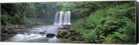 Framed Waterfall in a forest, Sgwd Yr Eira (Waterfall of Snow), Afon Hepste, Brecon Beacons National Park, Wales Print