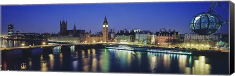 Framed Buildings lit up at dusk, Big Ben, Houses Of Parliament, Thames River, London, England Print
