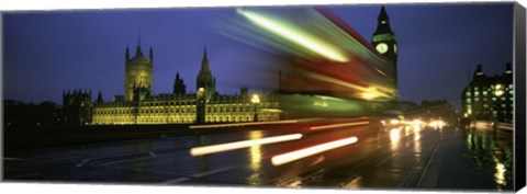 Framed England, London, Houses of Parliament, Traffic moving in the night Print